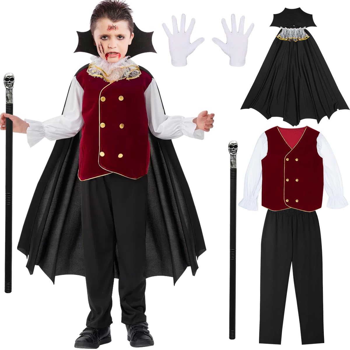 Vampire Costume Kids, Vampire Halloween Costumes for Boys with Vampire Cane, Boys Vampire Costume Sets, Vampire Fancy Dress Costume for Kids Halloween Carnival Cosplay — image 1