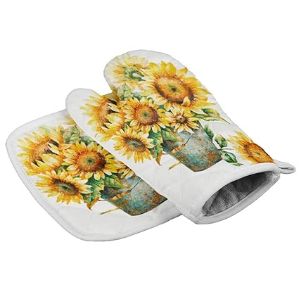 Sunflower Plant Insulation Gloves and Pot Holders Polyester Heavy Duty Cooking Gloves for Cooking Baking Grilling Pot Holders Sets 2 PCS Vintage Oil Painting Style Iron Bucket Sunflowers