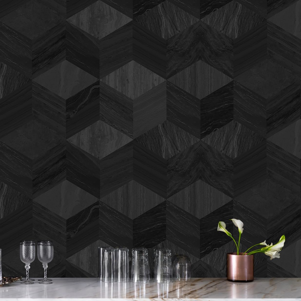 Guvana 16.14"x197" 3D Black Peel and Stick Hexagon Wallpaper - Modern Contact Paper, Removable for Shelf, Drawer, Cabinet Decor 16.1" x 197"