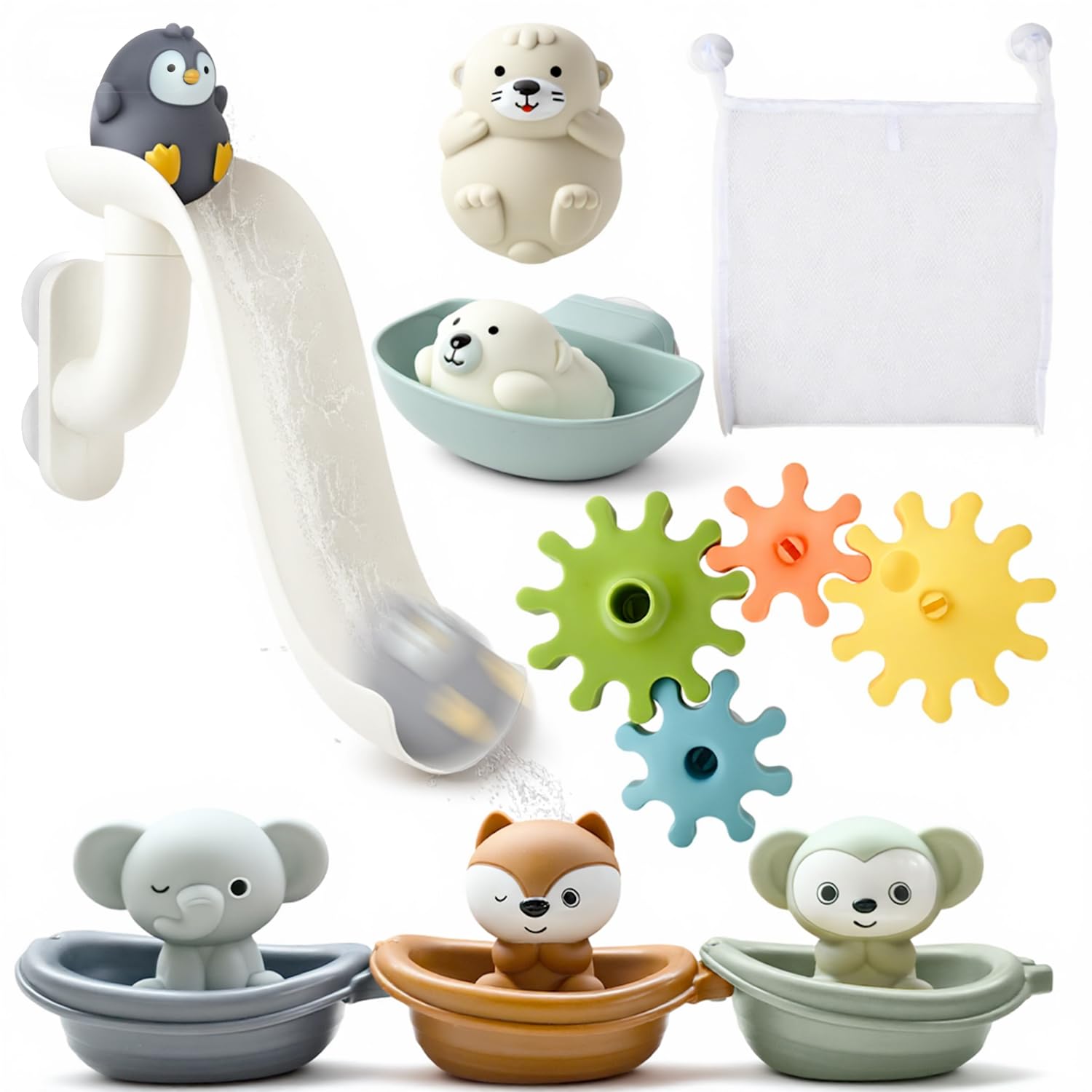 Slide Baby Bath Toys, Bathtime Slide Set with Gear Toys Bath Boat and Storage Bag, Kids Shower Water Toys Easy to Clean & Dry Floating Bathtub Toys Educational Gift for 1 2 3 4 year olds Boys Girls