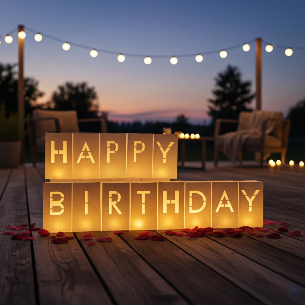Decoraciones de feliz cumpleaños para mujeres y hombres, juego sorpresa con letras iluminadas, bolsas de papel luminosas, 30 velas LED de té, globos de corazón rojo, 1000 pétalos de rosa
