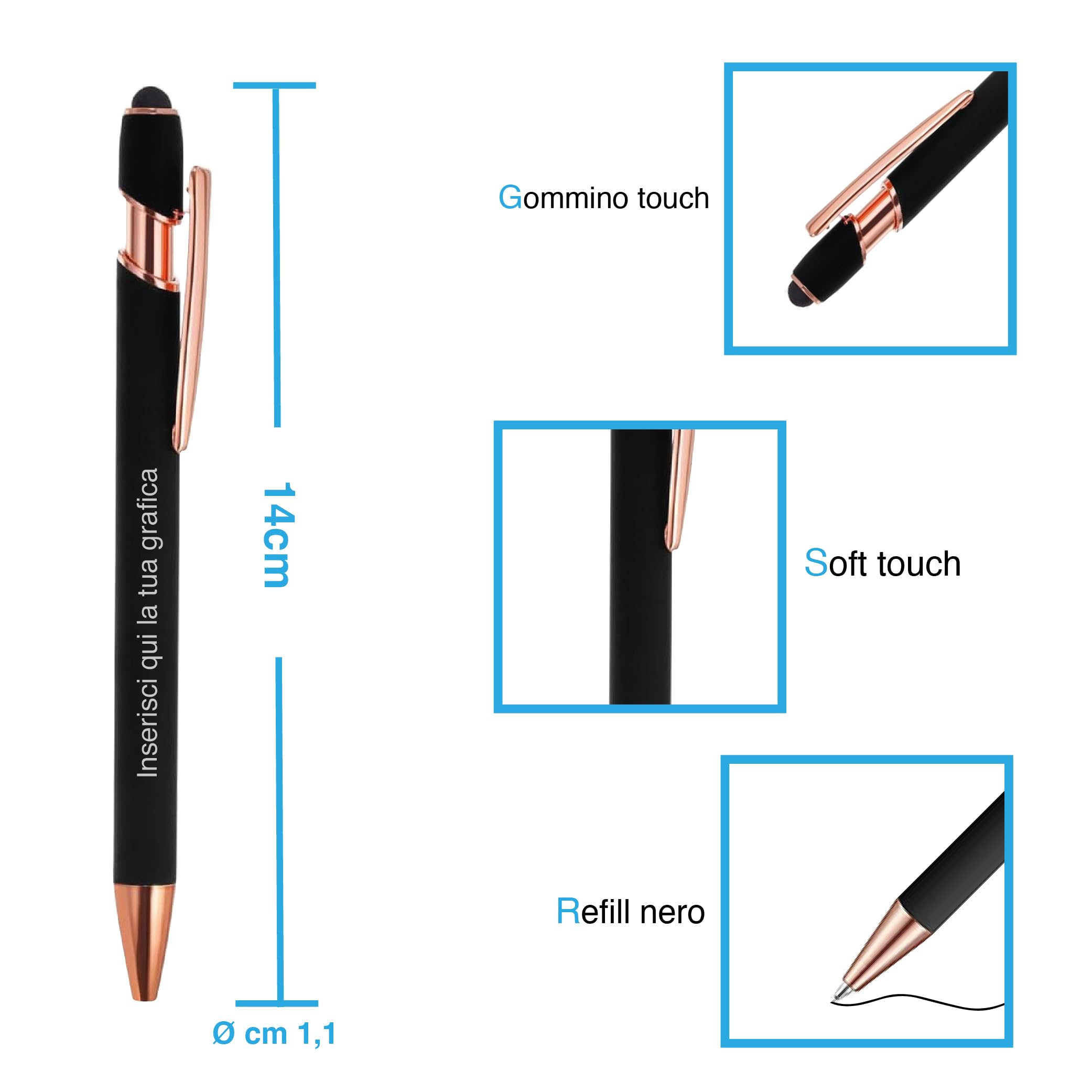 Penna incisa a sfera personalizzabile con incisione di nome o testo, ideale per regali di laurea, compleanni o eventi aziendali. Penna touch con stilo, inchiostro nero. Vari colori disponibili (20)