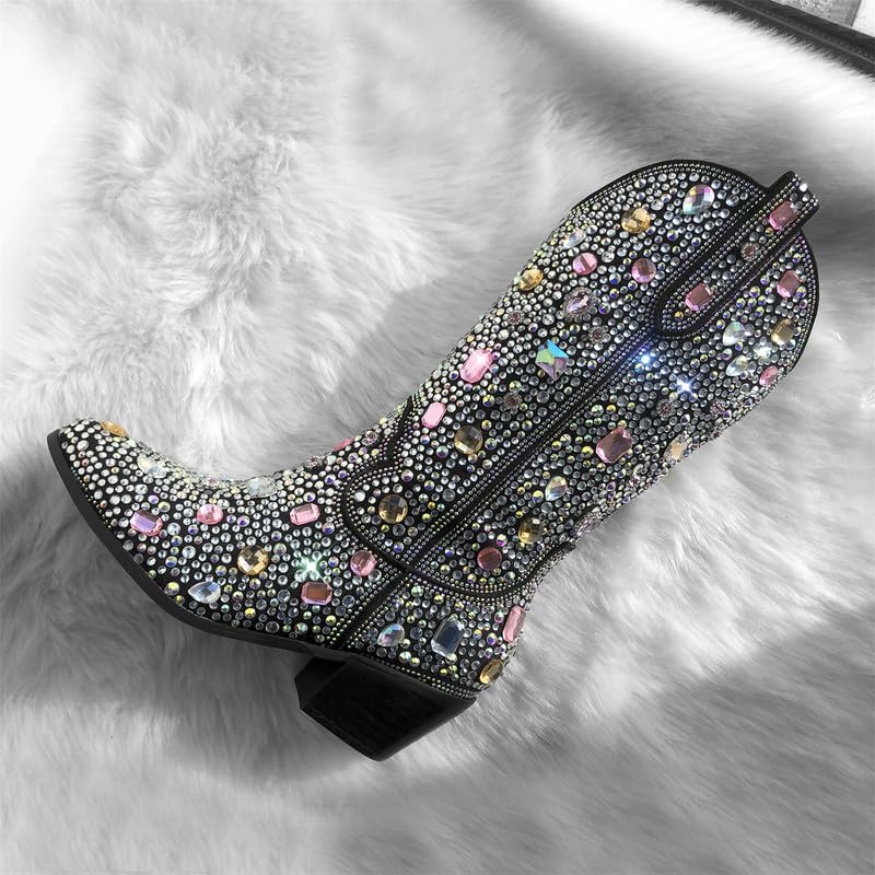 Image of Richealnana Sparkly Rhinestones Cowboy Cowgirl Style Boots Calf High Boots for Women 2INCH Heeled Shining Pull On Tabs