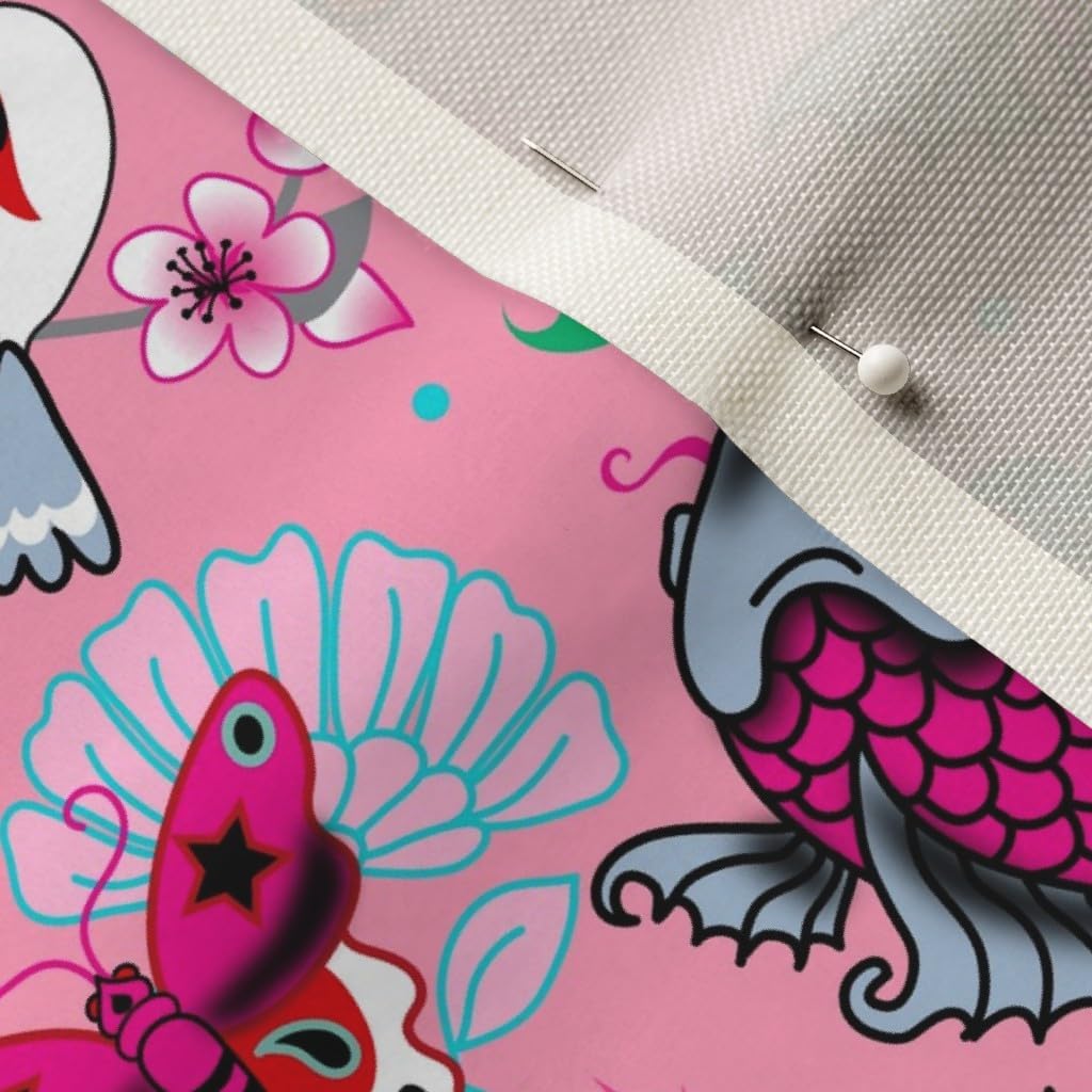 Spoonflower Fabric - Lucky Cat Dragons Koi Fish Pink Medium Cats Japanese Asian Inspired Printed on Upholstery Velvet Fabric Fat Quarter - Upholstery Home Decor Bottomweight Apparel