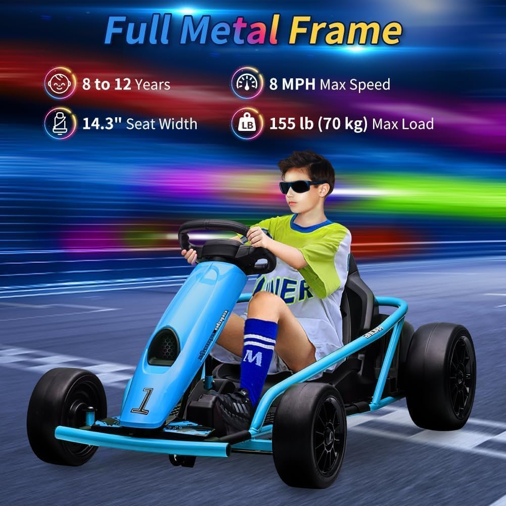 Elektrisches Go-Kart für Kinder, 24 V mit 2 x 300 W Motoren, sicheres Drift bis 8 km/h, weicher Start, Musik, geräumiger Sitz, Sicherheitsgurt, Outdoor-Spielzeug für 8-12 Jahre, Geschenk