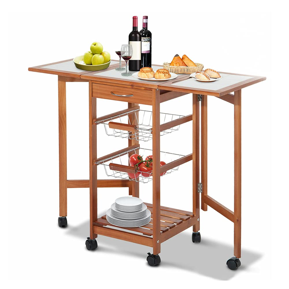 Buy Picotech Kitchen Island Rolling Cart Trolley Pine Wood Steel Tile