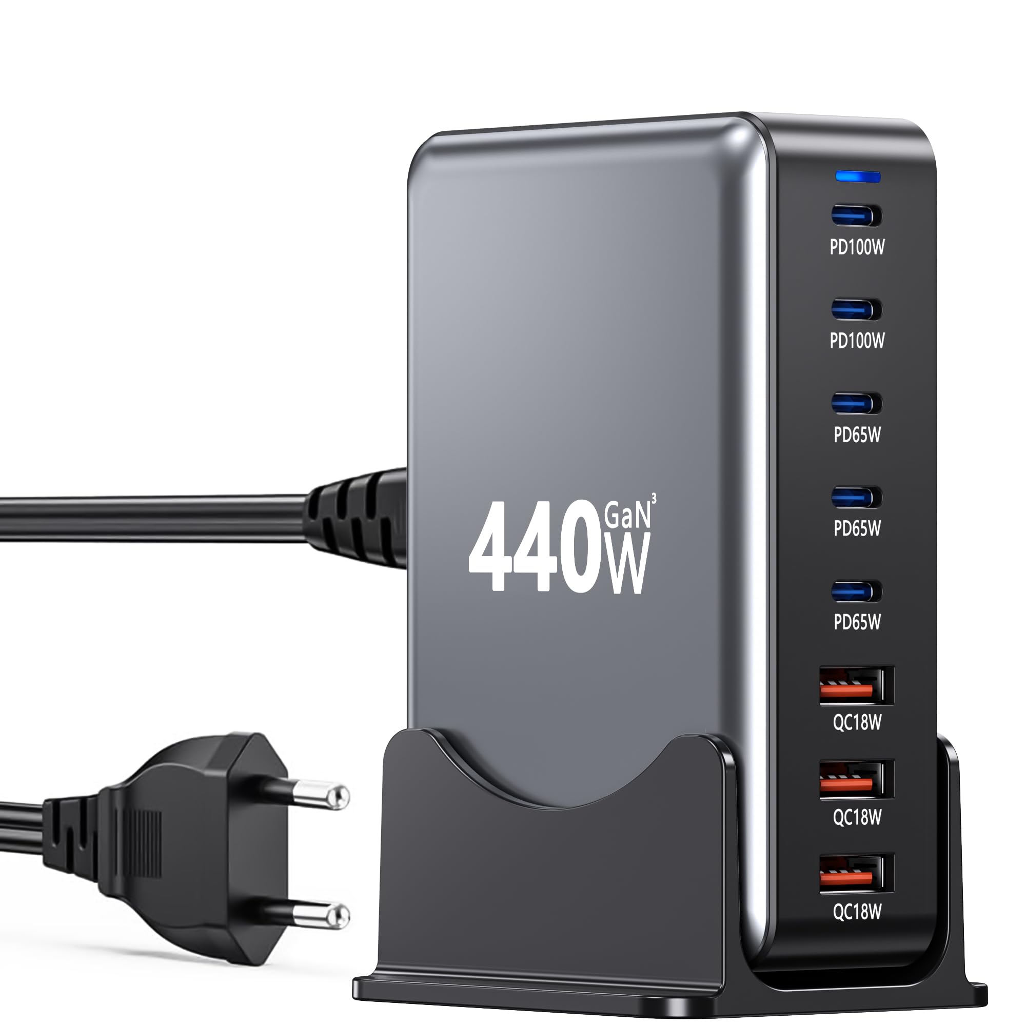 Chargeur USB C 440W, 8-en-1 Chargeur Rapide Multiple avec 5 USBC et 3 USBA, Station de Charge GaN III et PD 3.0, Double PD100W Port Laptop Charger Compatible avec MacBook Pro/Air/iPad/iPhone