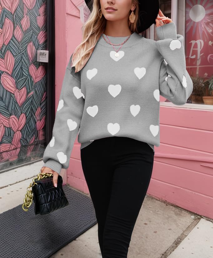 Image of Women's Valentines Pullover Sweaters Cute Hearts Long Sleeve Crewneck Knitted Y2k Sweaters Kawaii Aesthetic Clothes