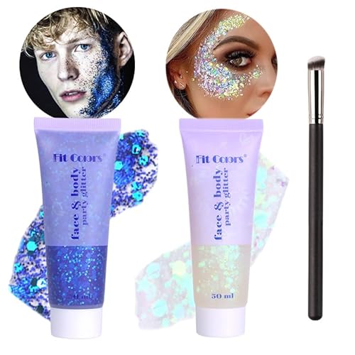 WishesMar 2 Piezas Azul Plateado Purpurina Gel para Cuerpo y Cara Chunky Brillo Body Glitter Gel para Maquillaje Festival Purpurina para La Cabello, Labios, Halloween, Fiesta, Mascarada #A