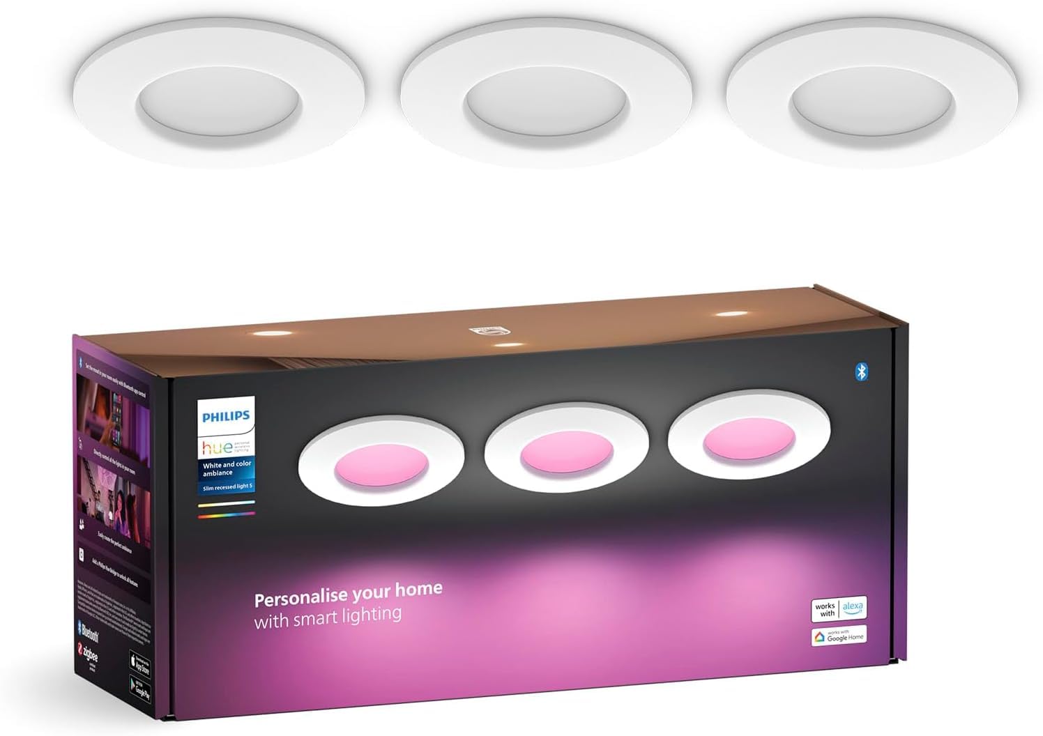 Philips Hue Smart Slim White and Color Ambiance, Luce da incasso, 90 mm, 700 lm, Compatibile con Bluetooth, controllo vocale con Alexa, Apple Home e Google Assistant, bianco, confezione da 3