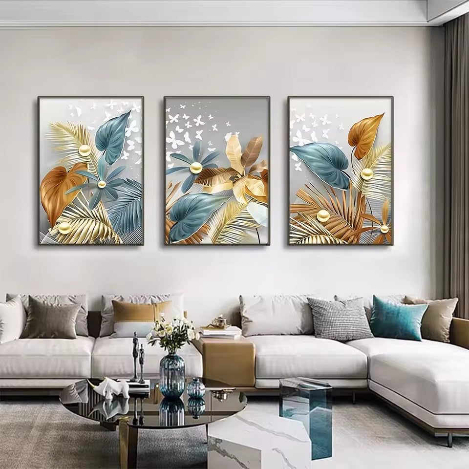 Láminas decorativas modernas con mariposas doradas y hojas, estilo nórdico (75x110cm x 3 / Sin marco)