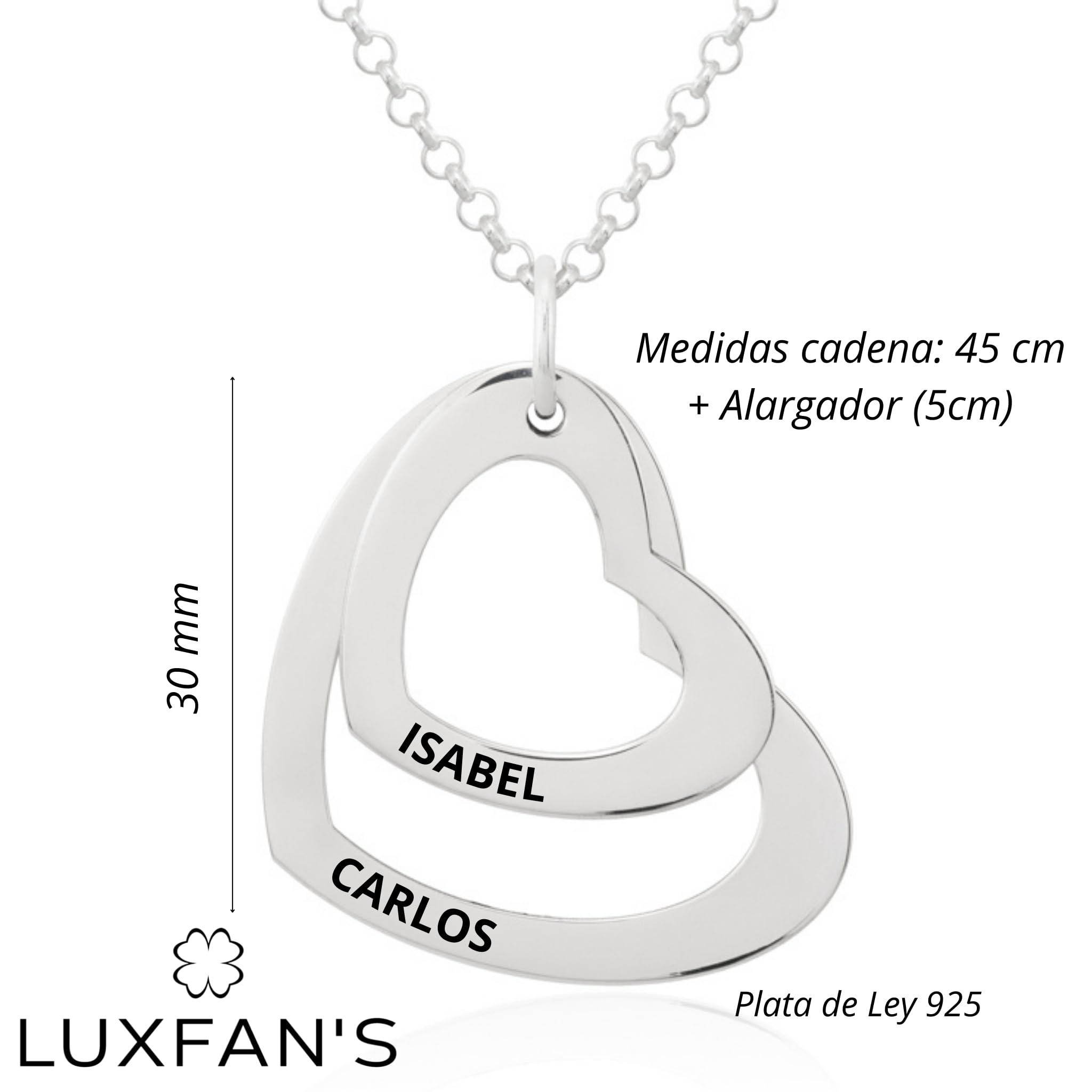 Collar Corazón con Grabación de Nombres Personalizada en Plata de Ley 925 Cadena de 45cm + Alargador. Regalo ideal de San Valentín, para Novia Madre Abuela. Hecho en España. (2 Corazones Plata)