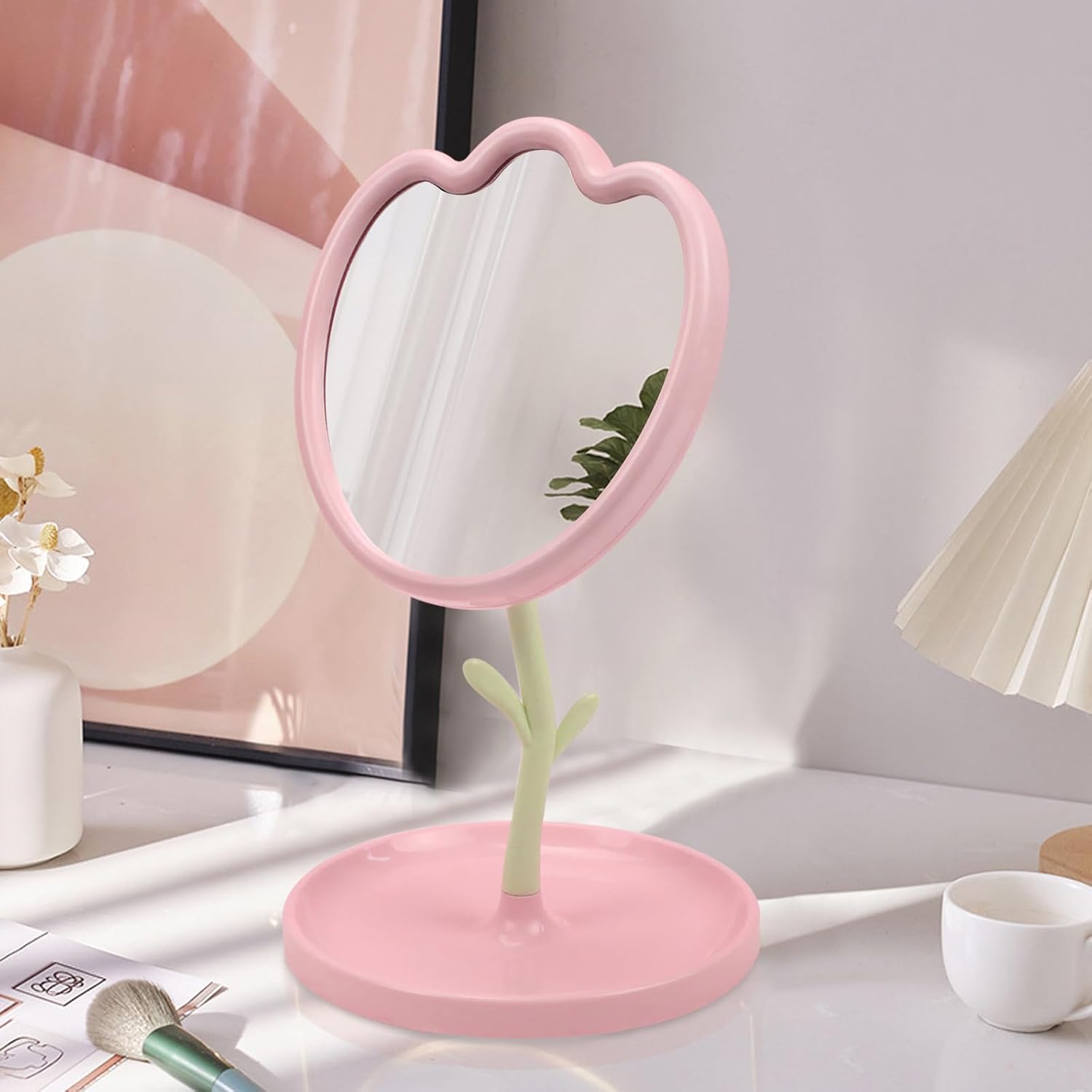 Flower Shaped Desk Mirror with Tray Adjustable Angle Tabletop Vanity Makeup Mirror for Home Decoration