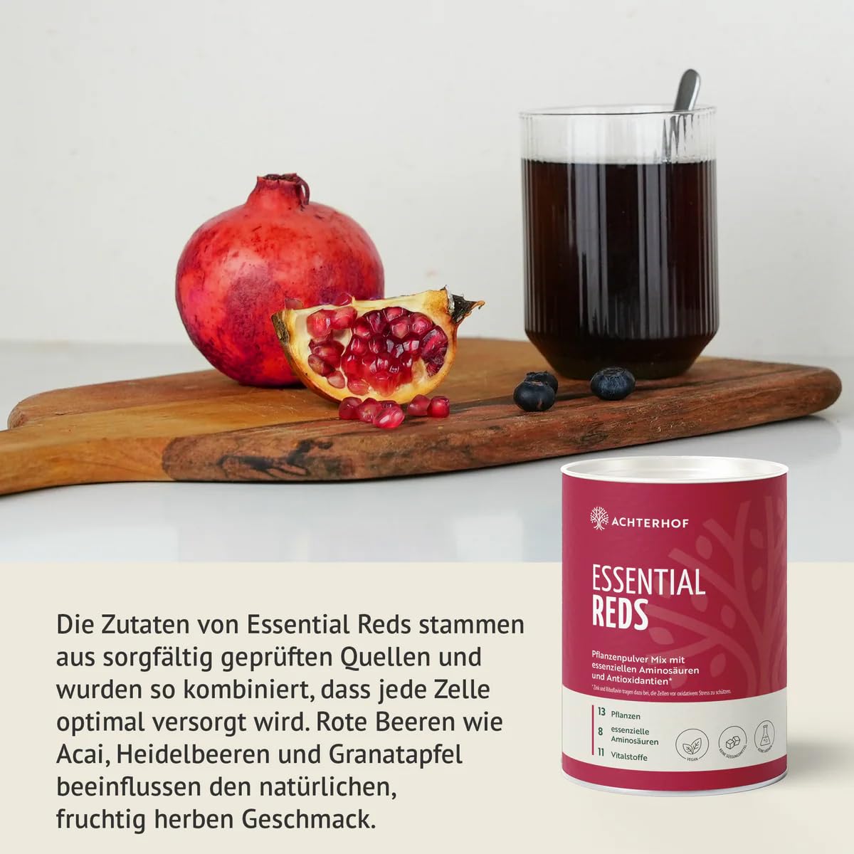 Vital Greens & Essential Reds Set | je 400g | grüne Pflanzenkraft und rote Superfoods | 40 Pflanzenextrakte, Beeren, Vitamine, Mineralstoffe und essenzielle Aminosäuren | Achterhof