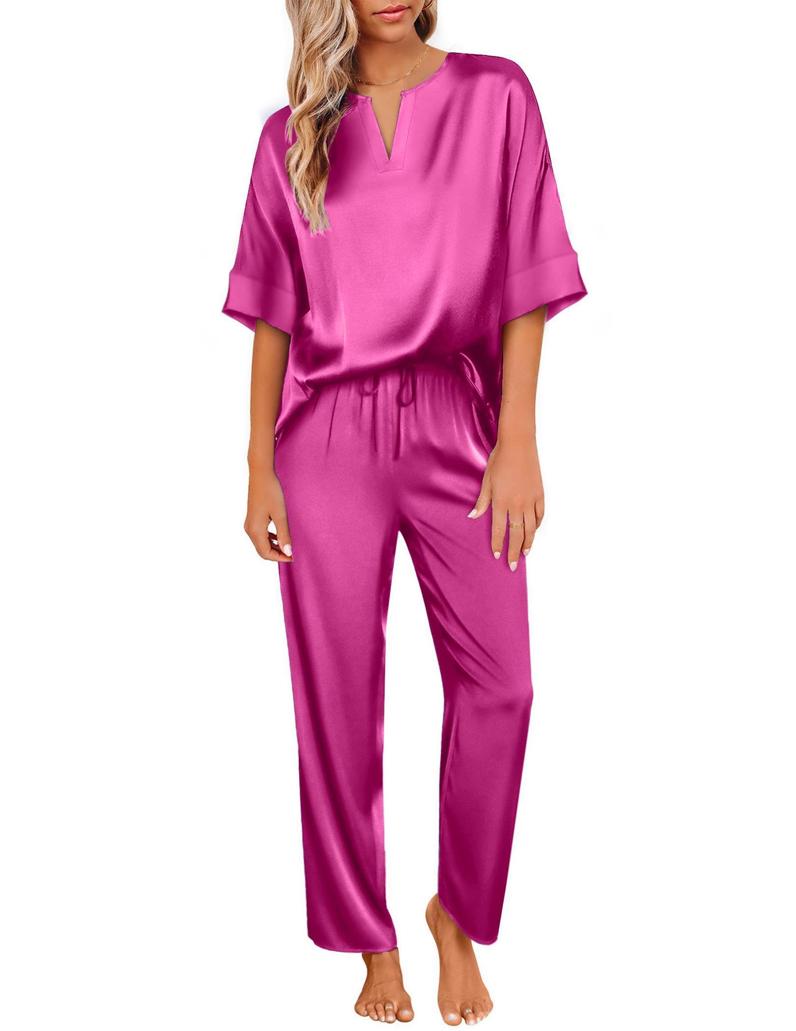 Ekouaer Satin Pajama Set Womens Silk Short Sleeve V Neck Shirt with Long Pant Soft Loungewear Pjs Set
