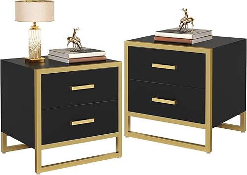 YITAHOME Mesita de noche con 2 cajones, mesa auxiliar pequeña con almacenamiento, moderna mesita de noche con marco de metal para espacio pequeño,