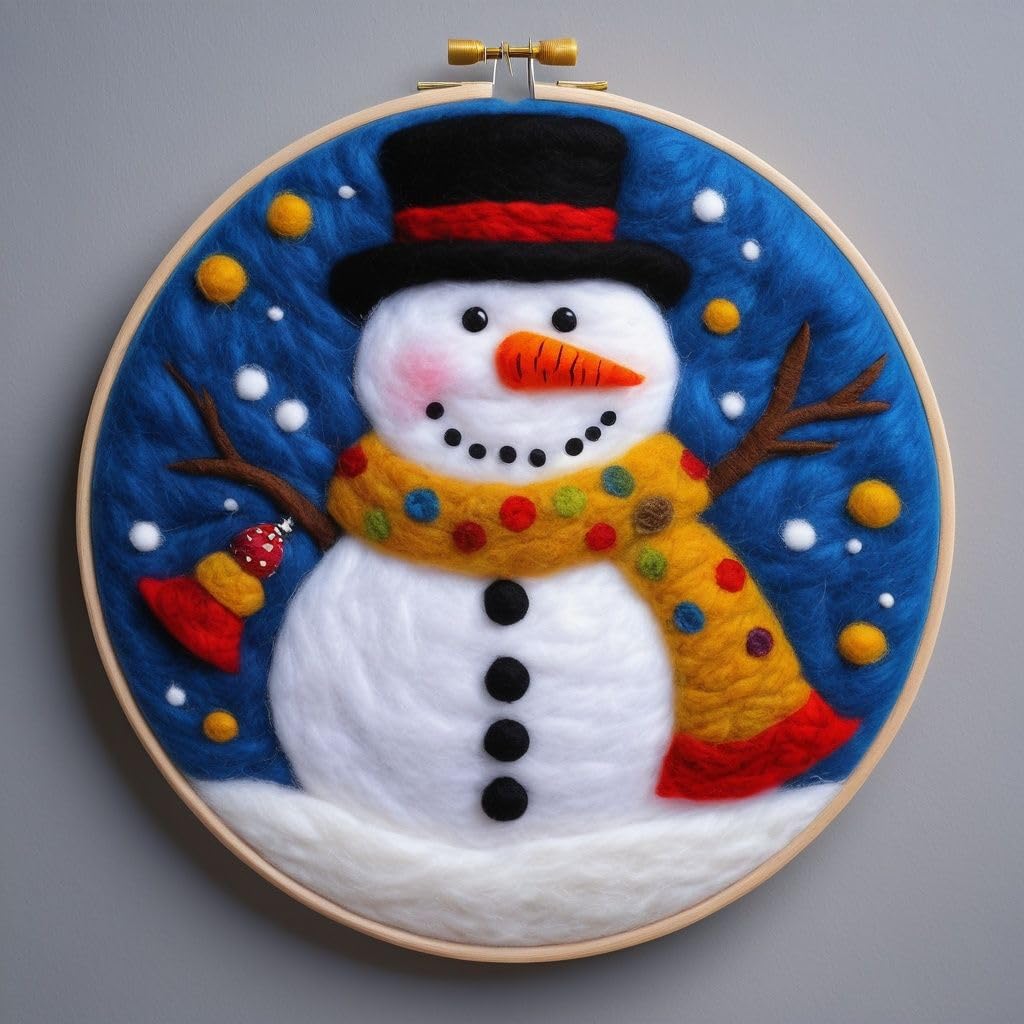 WallustrioaW DIY Wool Felting Painting Felt Kit,Winter Christmas,Cute Snowman,Wool Needle Felt Picture Kit Beginner Needlepoint Kit Felt Craft New Gift,20x20cm