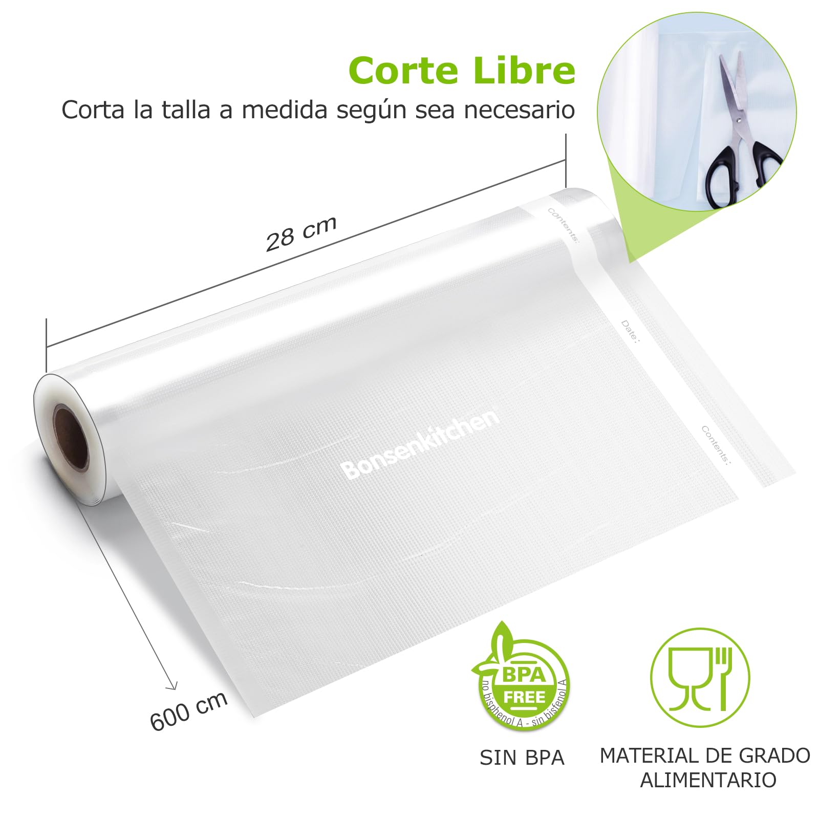 Bonsenkitchen Rollos al Vacío 28x600cm Bolsas Gofradas para Envasadora VB3207