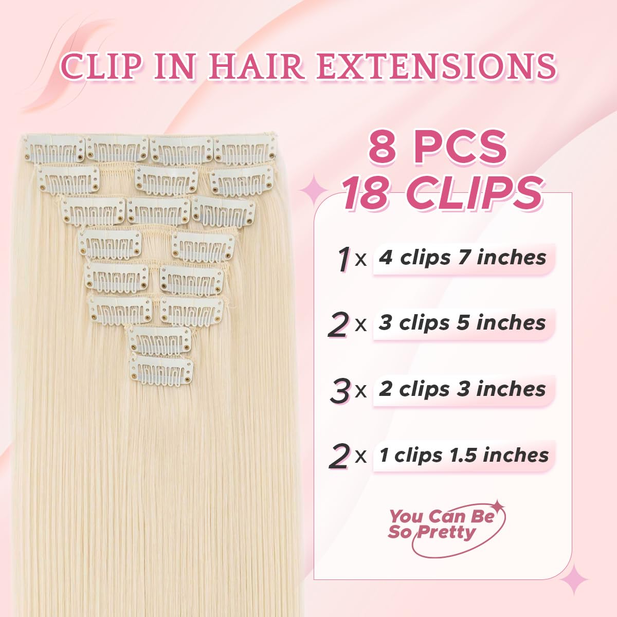 SEGO Pro Clip in Hair Extensions 8 Pcs 18 Clips Full Head Synthetic Fiber Hair Pieces for Women Straight 26 Inch (Pale Blonde) - Image 2