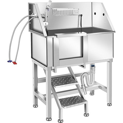 Stainless Steel Dog Washing Station for Large Dogs, Dog Grooming Tub for Home, Professional Dog Bathtub Bathing Station, Pet Wash Station, Dog Shower Tub with Stairs, Drain & Door,34" L-RAMP