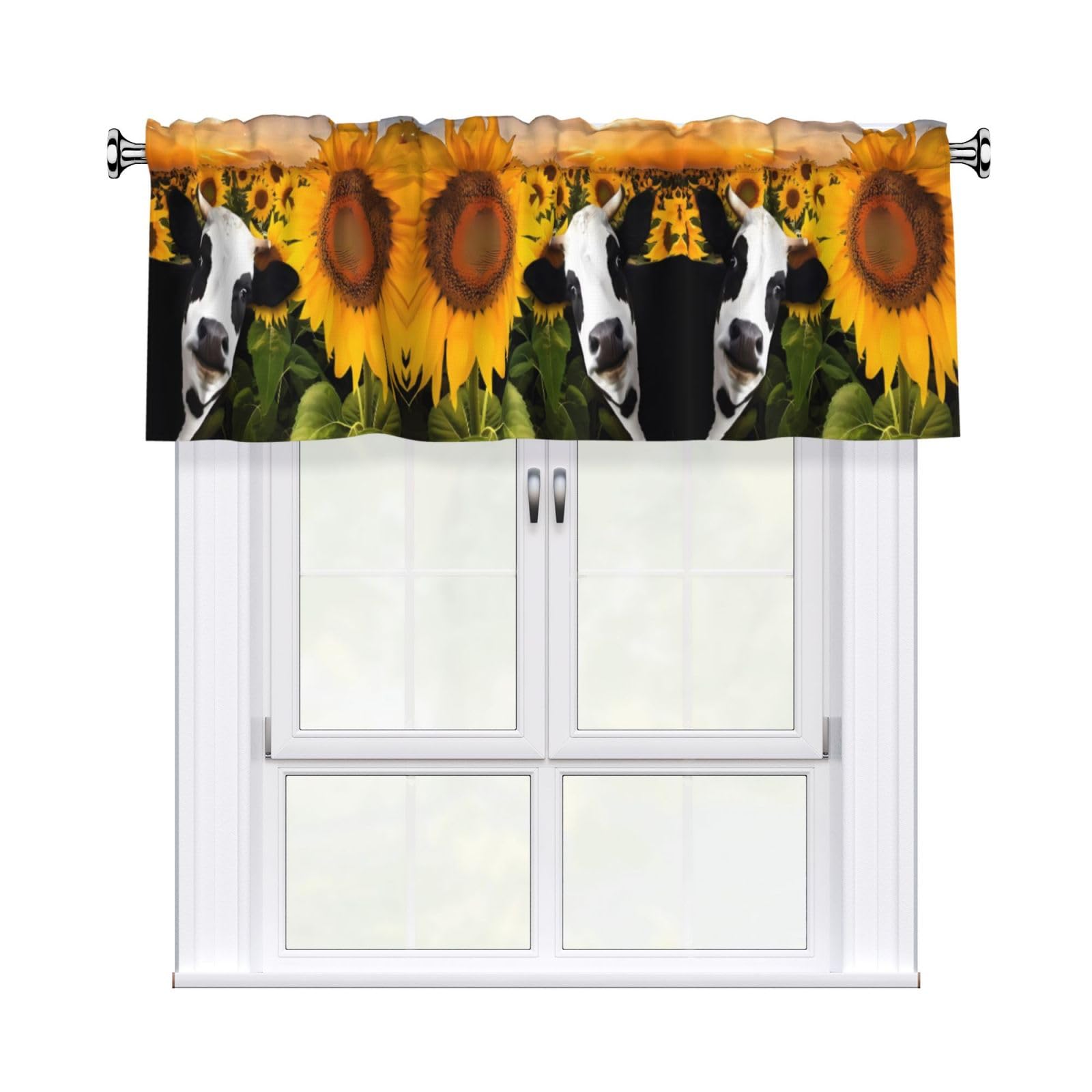 WHJSHOP Sunflower and Cow Prints Curtain Valance 54x18in - Peach Skin Kitchen Window Layer, Filtered Light & Quick-Install Rod Pocket Cover