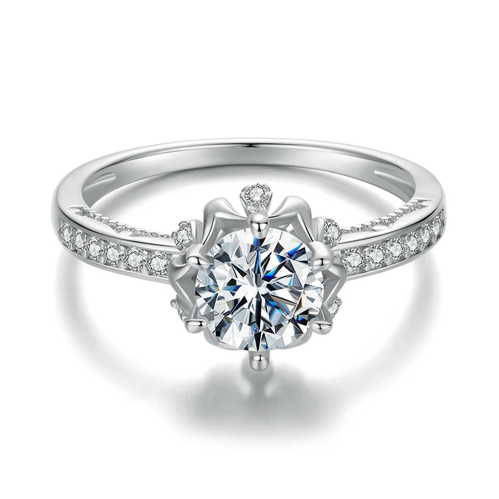 Anillo De Compromiso De Moissanita En Plata De Ley 925 Con Solitario De Diamante Y Moissanita Redonda De 1 Ct, Color D Vvs1 Ex