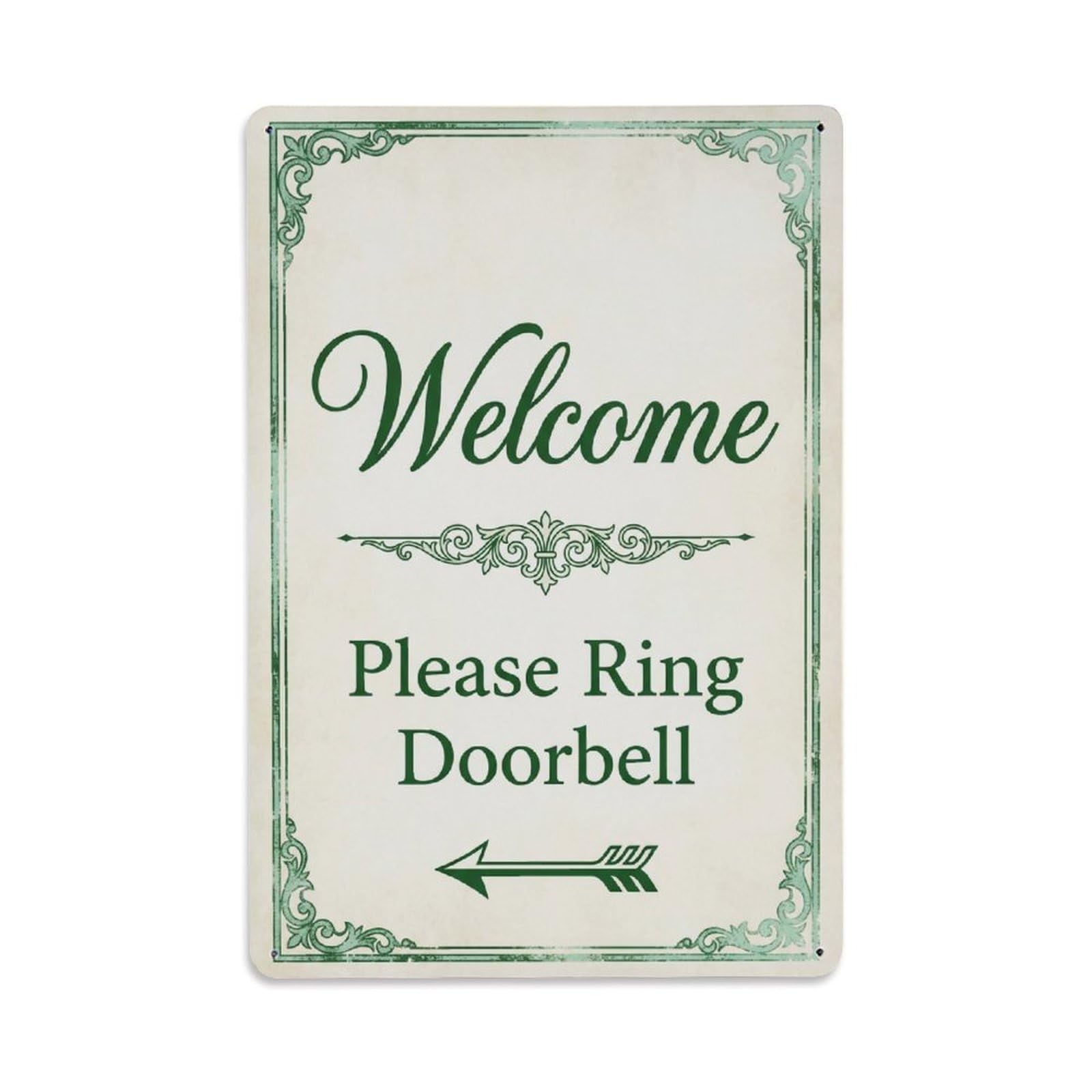 Metal Tin Sign Vintage Welcome Please Ring Doorbell Arrow Ornate
