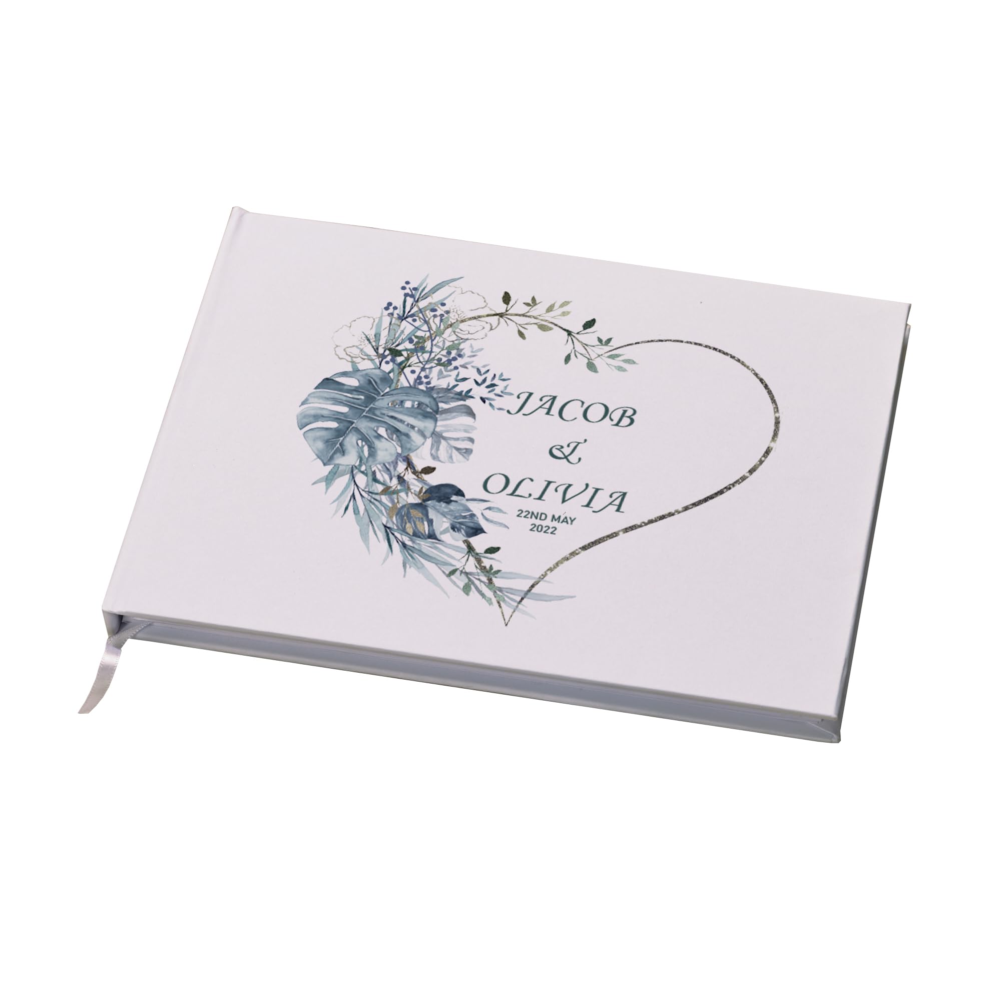 Wedding Guest Book Personalised With Blue Tropical Heart Theme