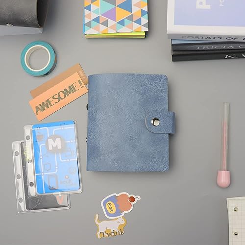 Miniatura 6 de Mini carpeta azul tamaño mini carpeta de poliuretano mini 3 anillos cubierta de carpeta de anillo redondo de hojas sueltas con cierre de botón a