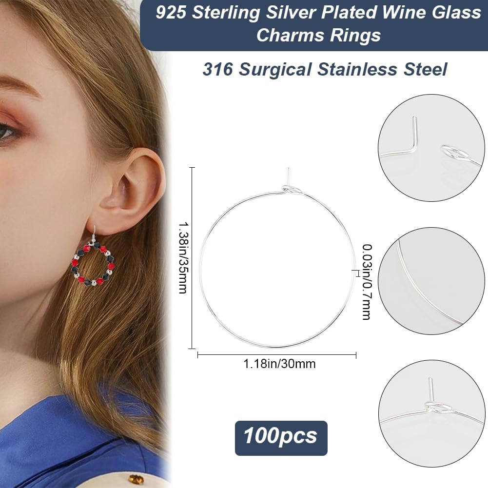 Beebeecraft 1 Box 100Pcs Hoop Ear Wires 316 Stainless Steel Earring Round Loops Findings Wine Glass Charm Rings for Beading Jewelry Making 30mm