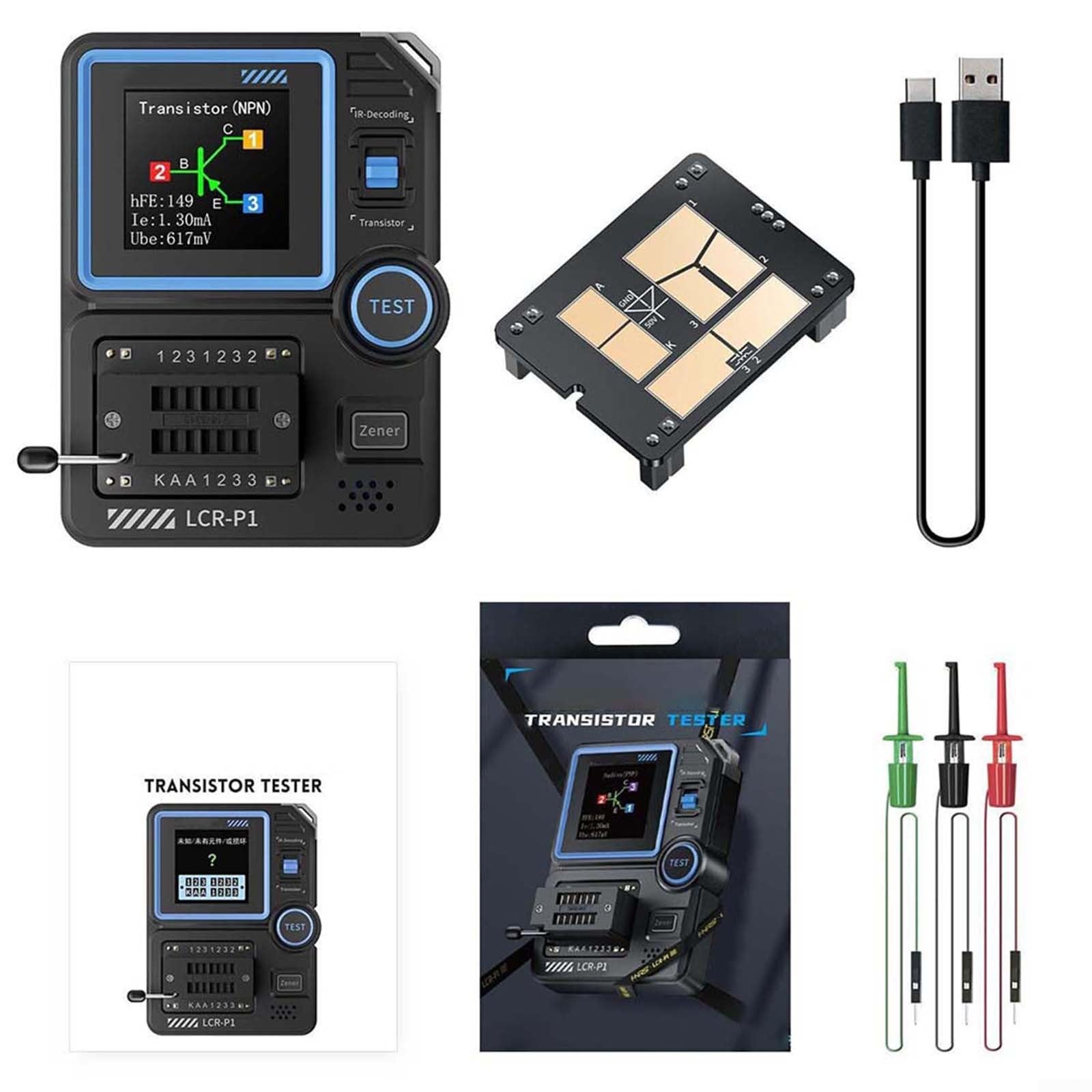 Besttoolifes LCR-P1 Transistor Tester Diodo Triodo Capacitancia Resistencia Medidor LCR ESR, para voltaje, corriente, resistencia, continuidad de diodos, capacitancia, frecuencia