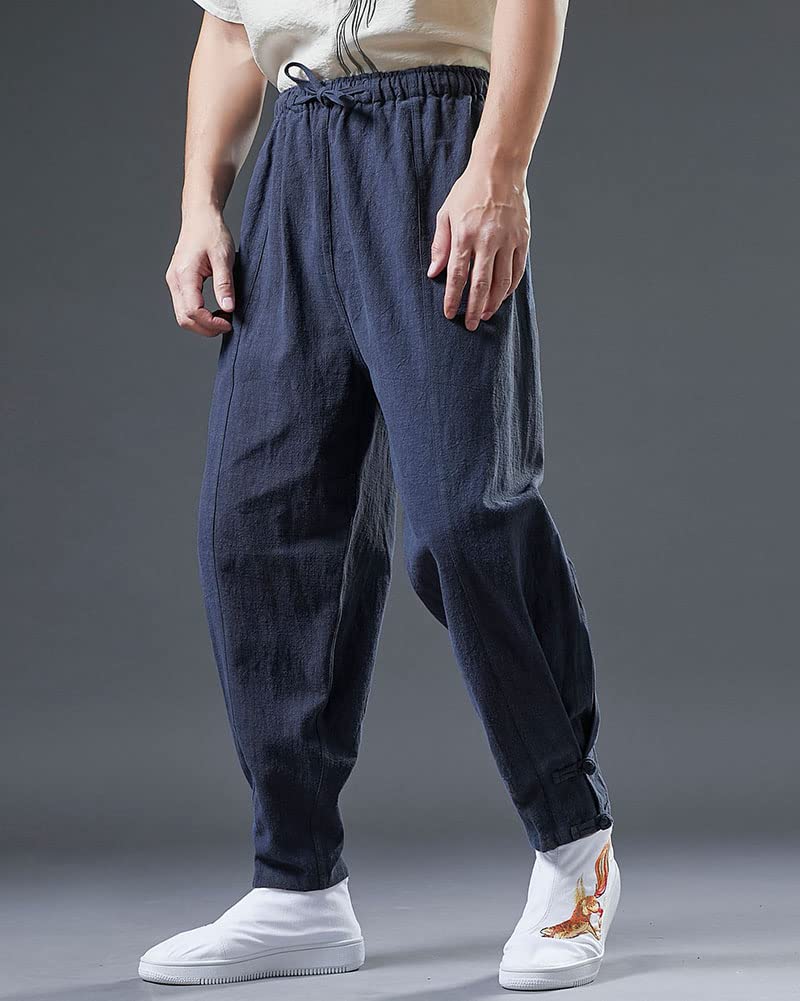 GUOCU Męskie spodnie chinosy Ramie ze ściągaczem jednokolorowe lniane spodnie swobodne luźne spodnie zwężane proste spodnie do jogi letnie spodnie plażowe Lounge Wear