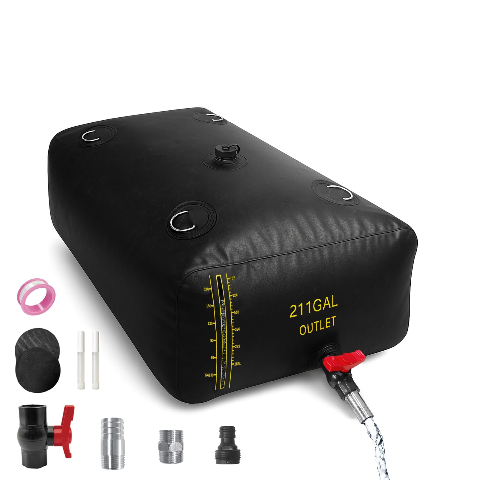 800L/211 Gal Water Bladder with Water Level Indicator, PVC Foldable and Portable Water Tank with 3 Connectors and Overflow Kit, Ideal for RV, Camping, Rainwater Collecting,Planting Watering