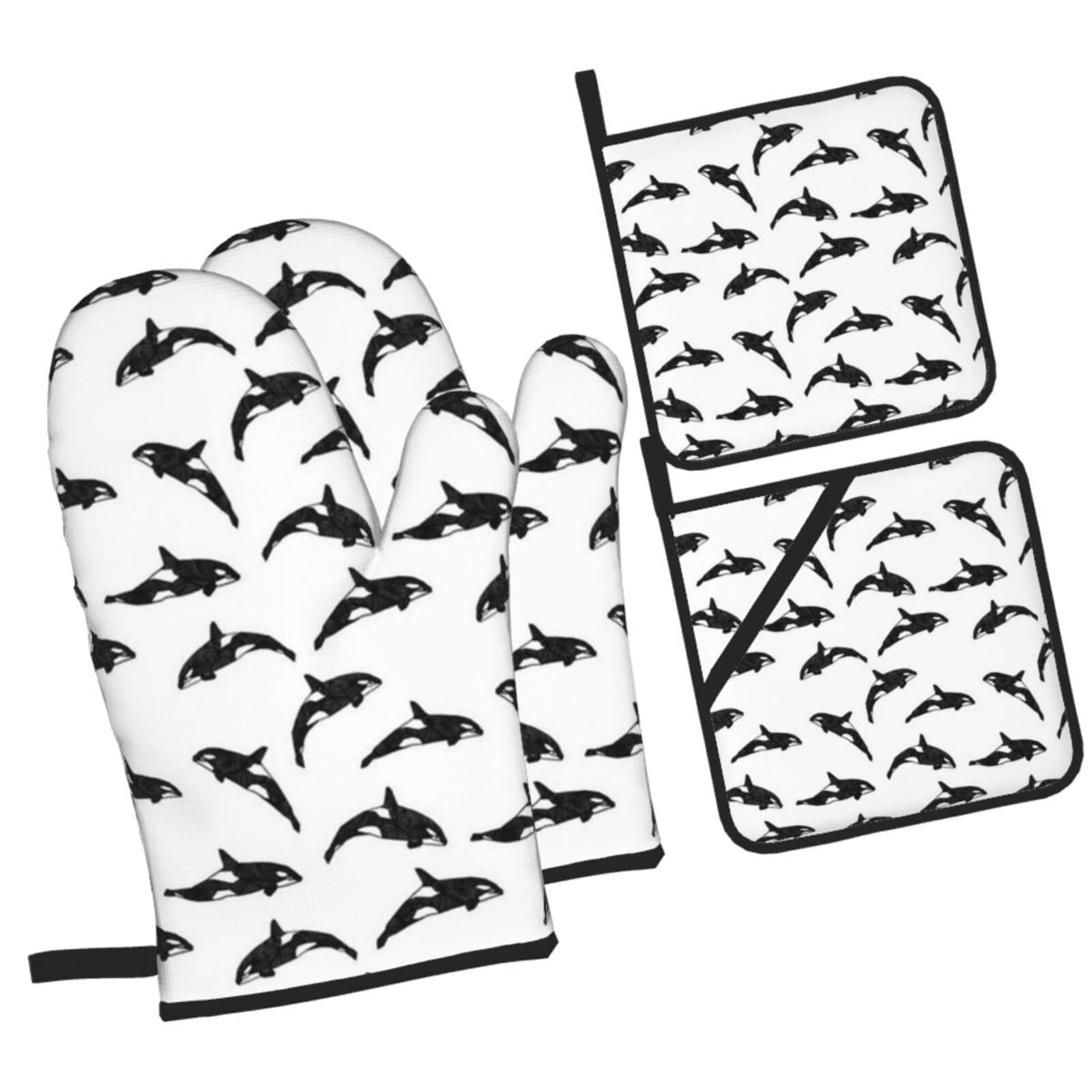 Orca Killer Whale Black White Oven Mitts and Pot Holders Sets, Christmas Oven Mitt Kitchen Heat Resistant Non-Slip Pot Holders Set for Cooking Baking BBQ