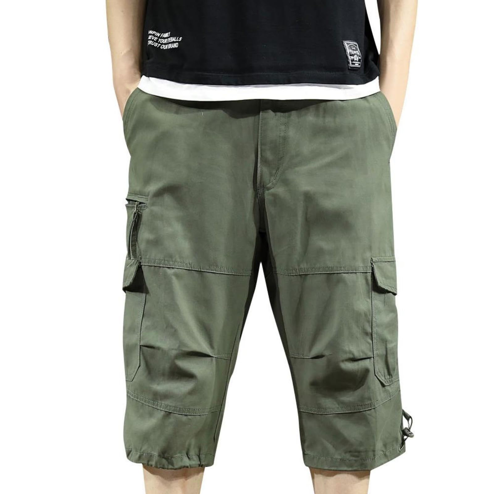 Pantalon 3/4 en coton léger pour homme - Grandes tailles - Couleur unie - Pantalon cargo d'extérieur - Pantacourt