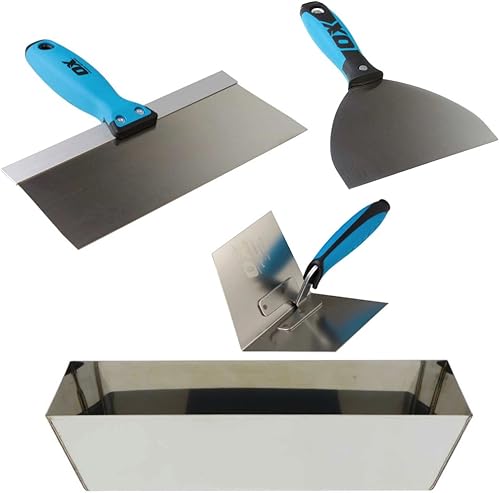 OX Juego de herramientas de acabado de paneles de yeso profesional con bandeja de lodo de acero inoxidable, combo de cuchillo de cinta/junta, paleta