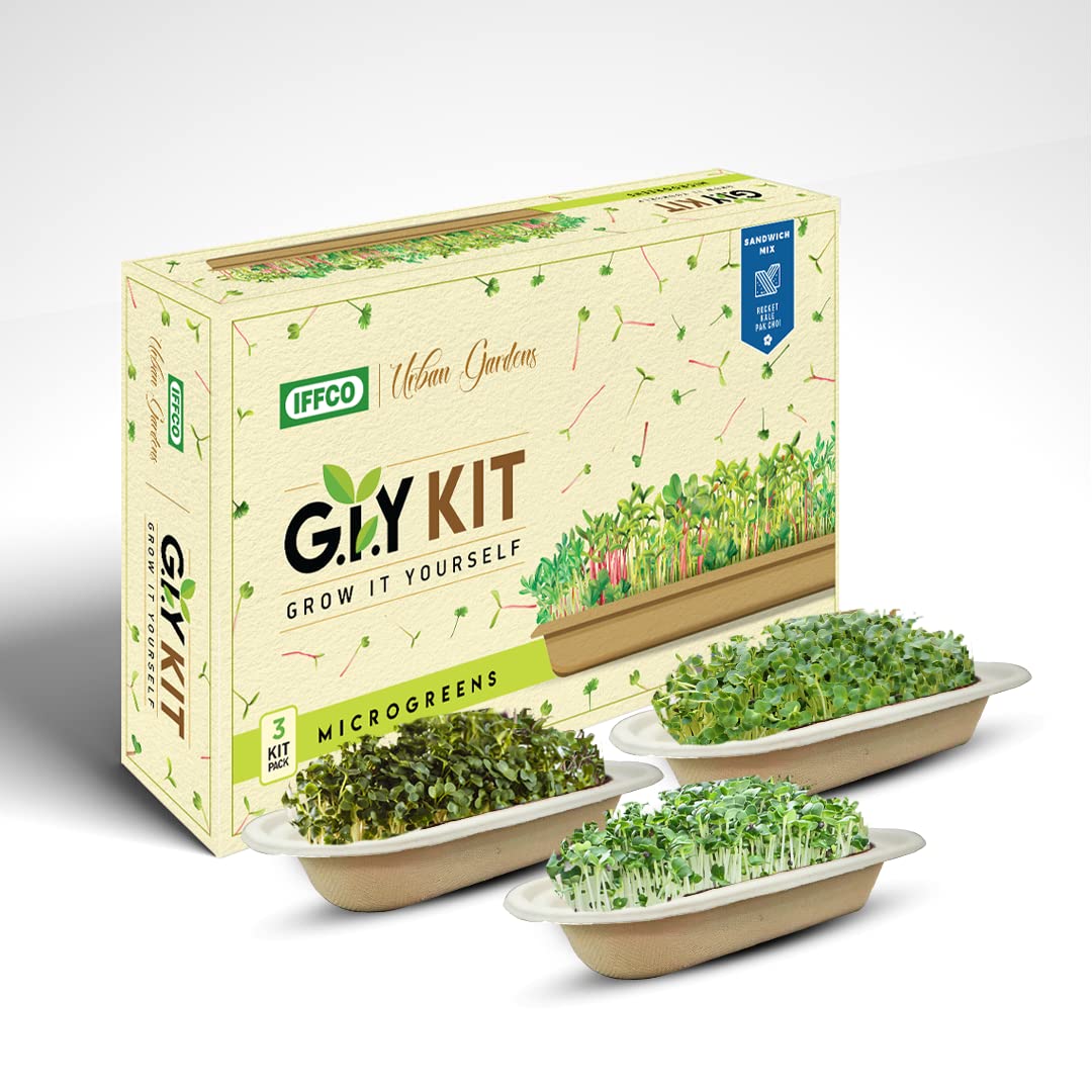 IFFCO Urban Gardens GIY Microgreens KIT - A Fun Solution & Easy Home Growing for Nutritious and Flavorful Microgreens - Sandwich Mix with Rocket, Kale, Pak Choi Seeds