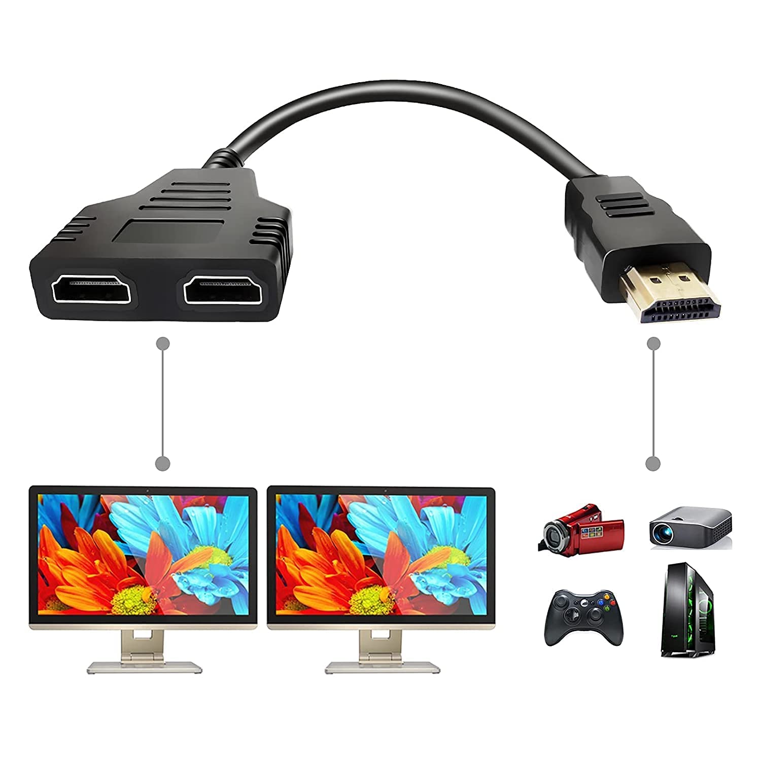 Black-R HDMI Splitter Adapter Cable HDMI Splitter 1 in 2 Out HDMI Male to Dual HDMI Female 1 to 2 Way for HDMI HD, LED, LCD, TV (in Both Display Same Screen Will Play) Black-R HDMI Splitter Adapter Cable HDMI Splitter 1 in 2 Out HDMI Male to Dual HDMI Female 1 to 2 Way for HDMI HD, LED, LCD, TV (in Both Display Same Screen Will Play)