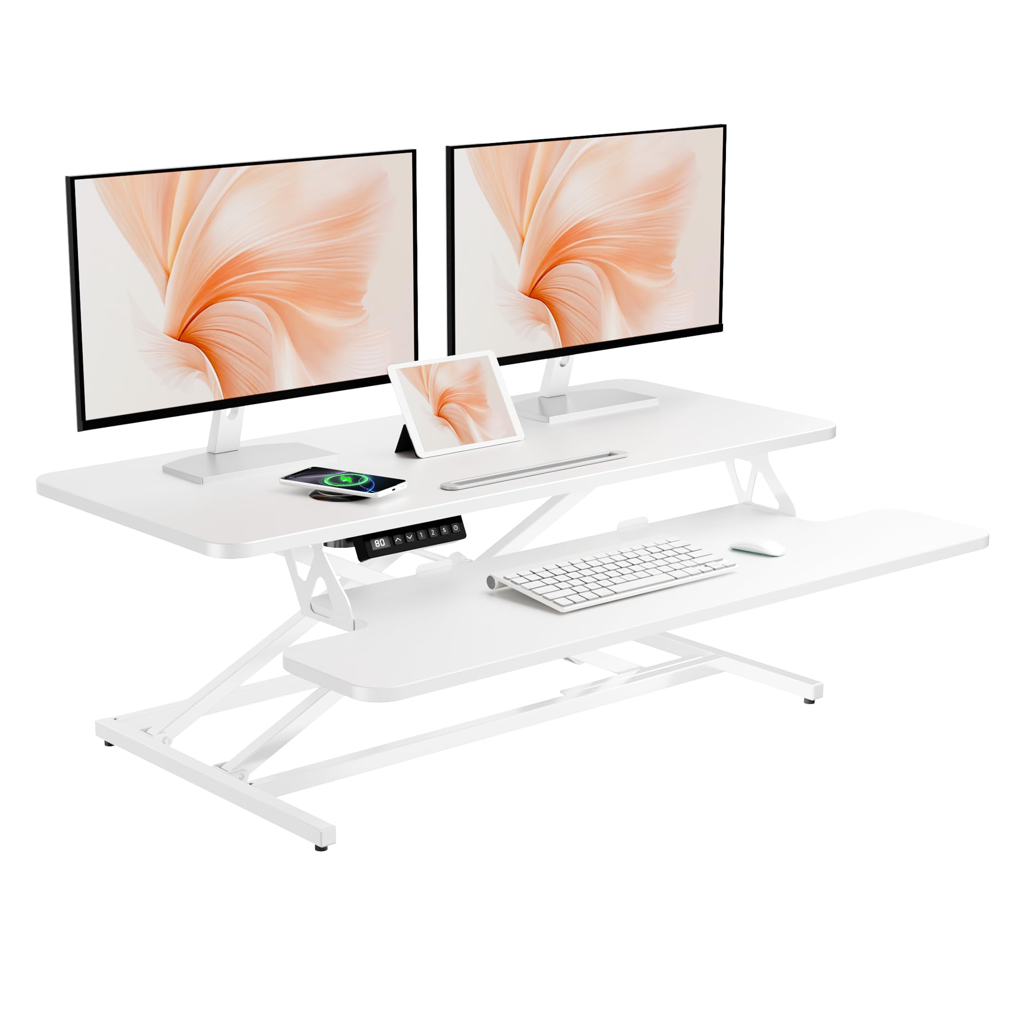 ERGOMAKER 36’’ Electric Standing Desk Converter, Height Adjustable Desk Riser for Monitor and Laptop, Quick Sit to Stand Workstation with Wide Keyboard Tray for Home Office, White