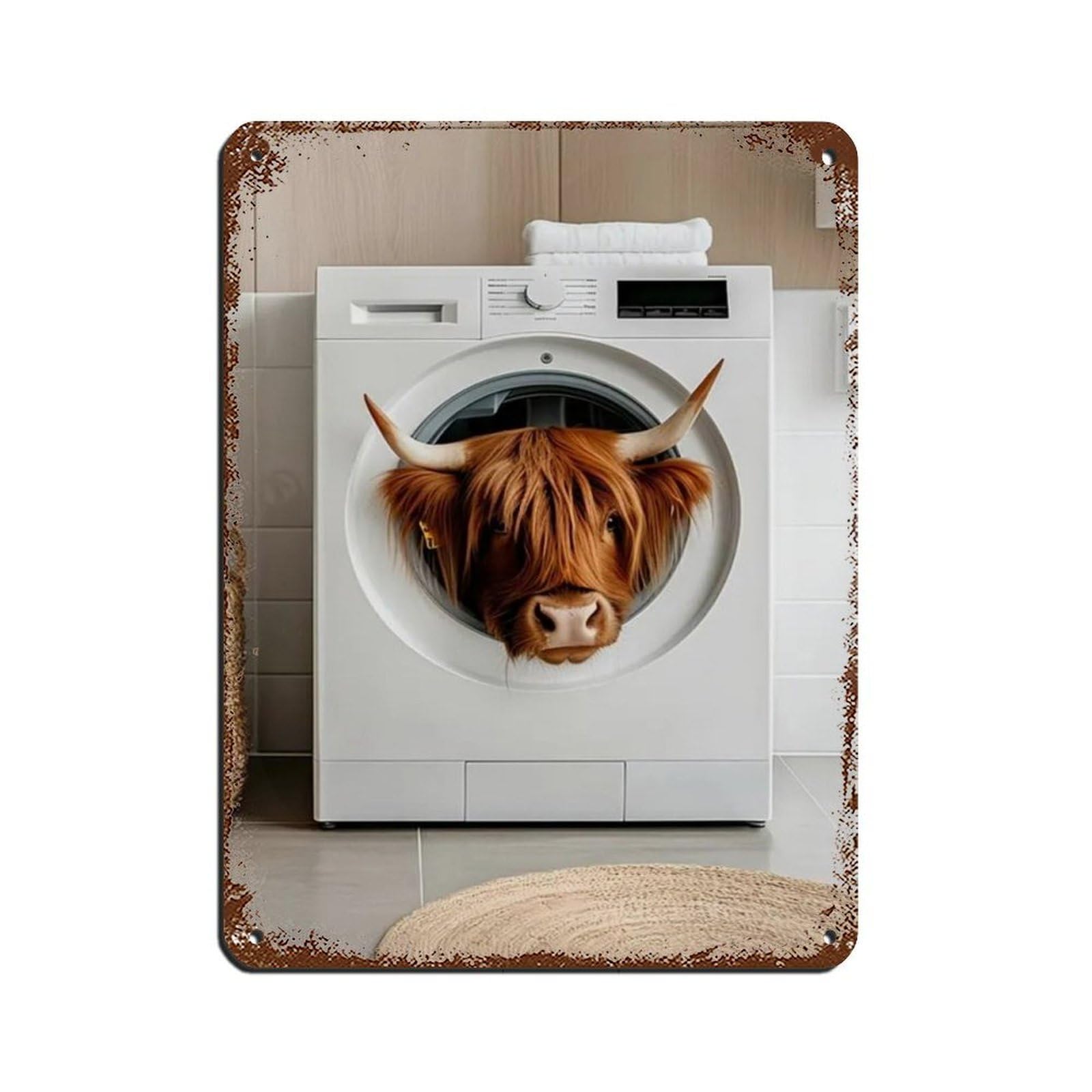 Highland Cow in A Washing Machine Retro Poster Metal Tin Sign Chic Art Retro Iron Painting Bar People Cave Cafe Family Garage Poster Wall Decoration 12x16inch(30x40cm)