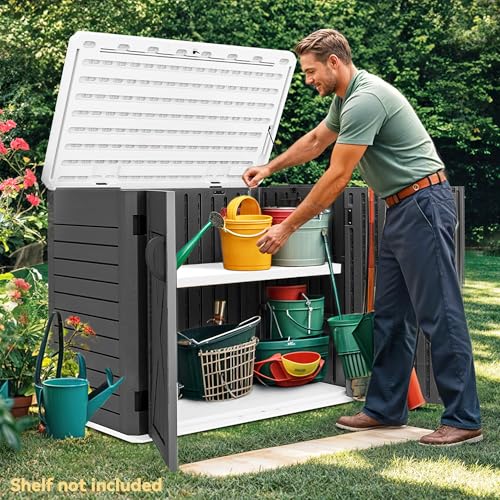 Image of DWVO 35 Cu Ft Outdoor Storage Shed with Unique X-Shaped Lockable Door, Weatherproof Resin Tool Shed w /o Shelf for Gardening & Lawn Equipment, Dark Gray