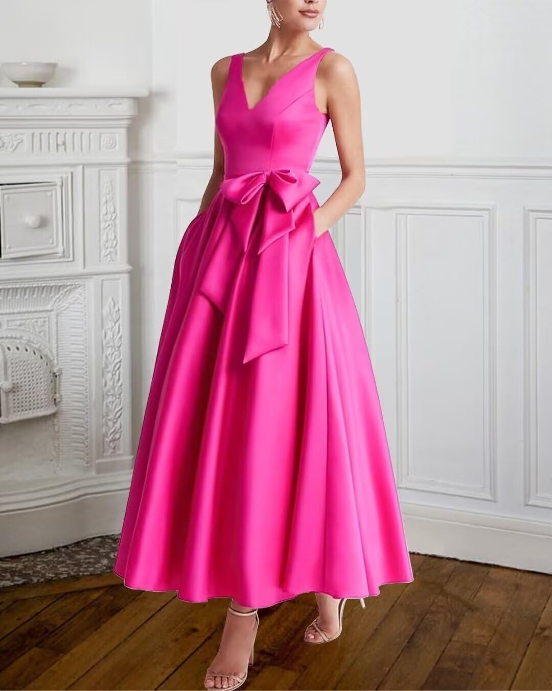 Satin Mother of The Bride Dresses with Bow V Neck A-Line Tea Length Formal Gowns - Image 3