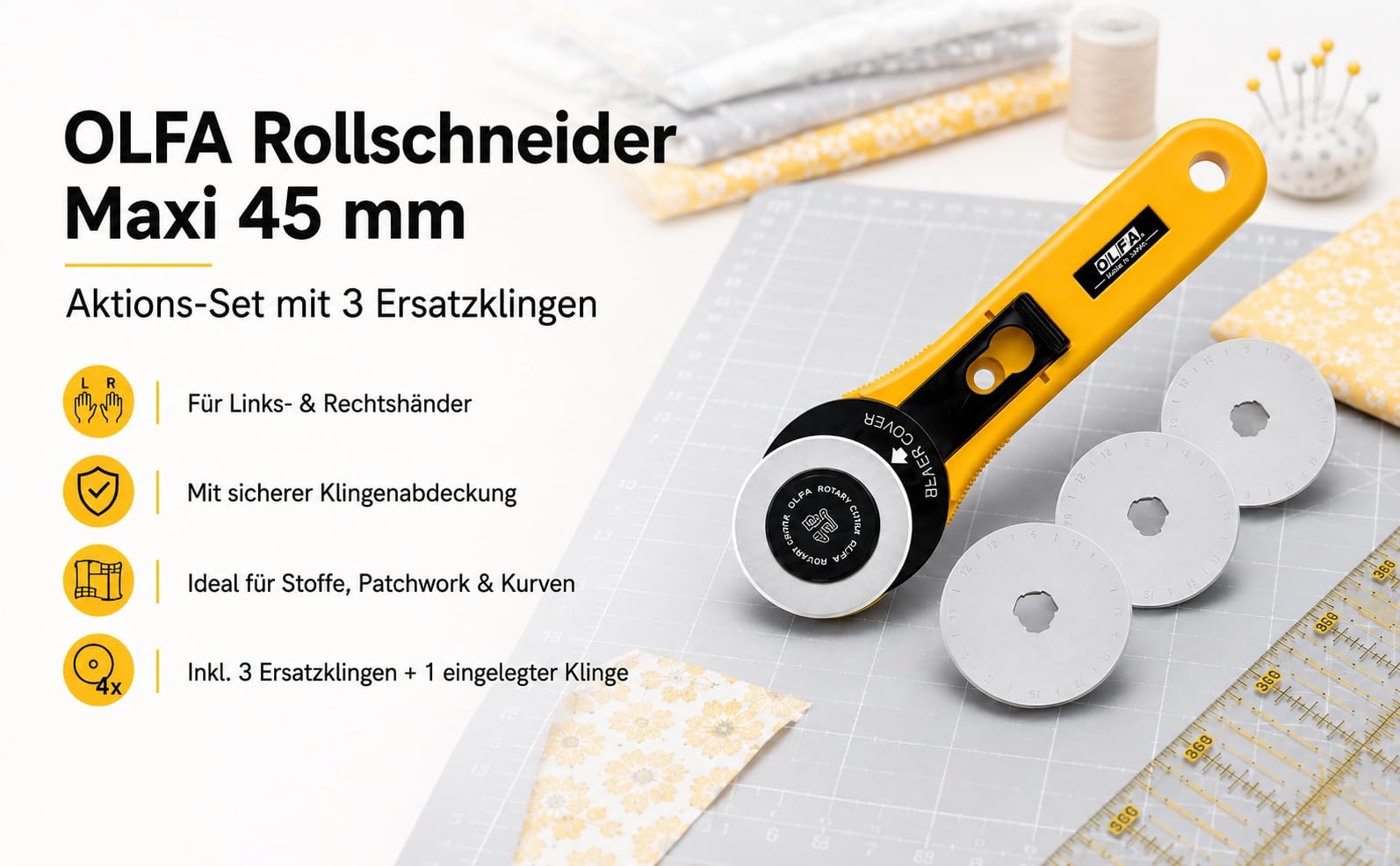 AKTION - OLFA Rollschneider Maxi 45mm + 3 Ersatzklingen