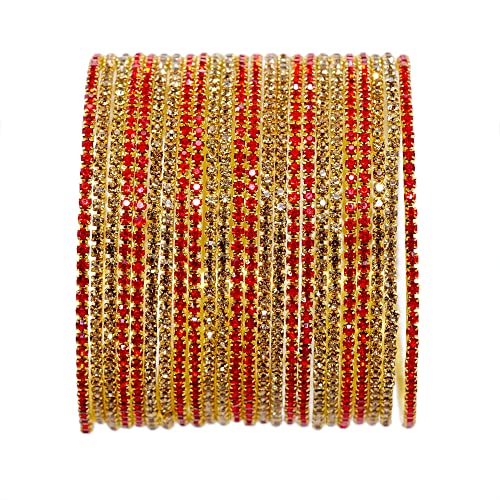 NMII Non-Precious Metal Base Metal with Zircon Gemstone Studded worked Glossy Finished Bangle Set For Women and Girls, (Gold-Red_2.2 Inches), Pack Of 24 Bangle Set