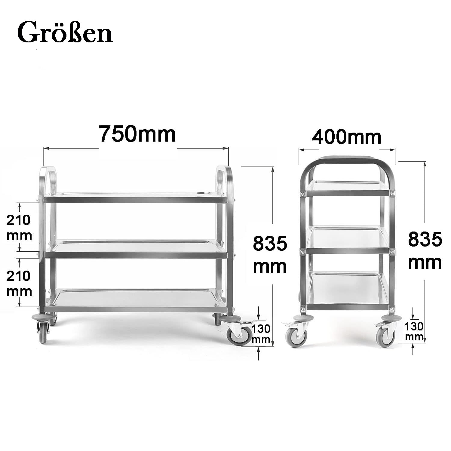 3 Böden Servierwagen Edelstahl Küchenwagen 835 x 750 x 400 mm Speisewagen mit Bremsen Rollen Tragfähigkeit 110kg Transportwagen Service Wagen Rollwagen für Restaurant Hotel Schul Küche