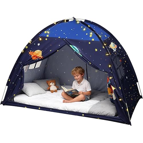 Twin Bed Tent Canopy, Space Indoor Blackout Privacy Toddler Bed Tent for Kids with Light, Portable Sleeping Floor Kids Playhouse (Blue)
