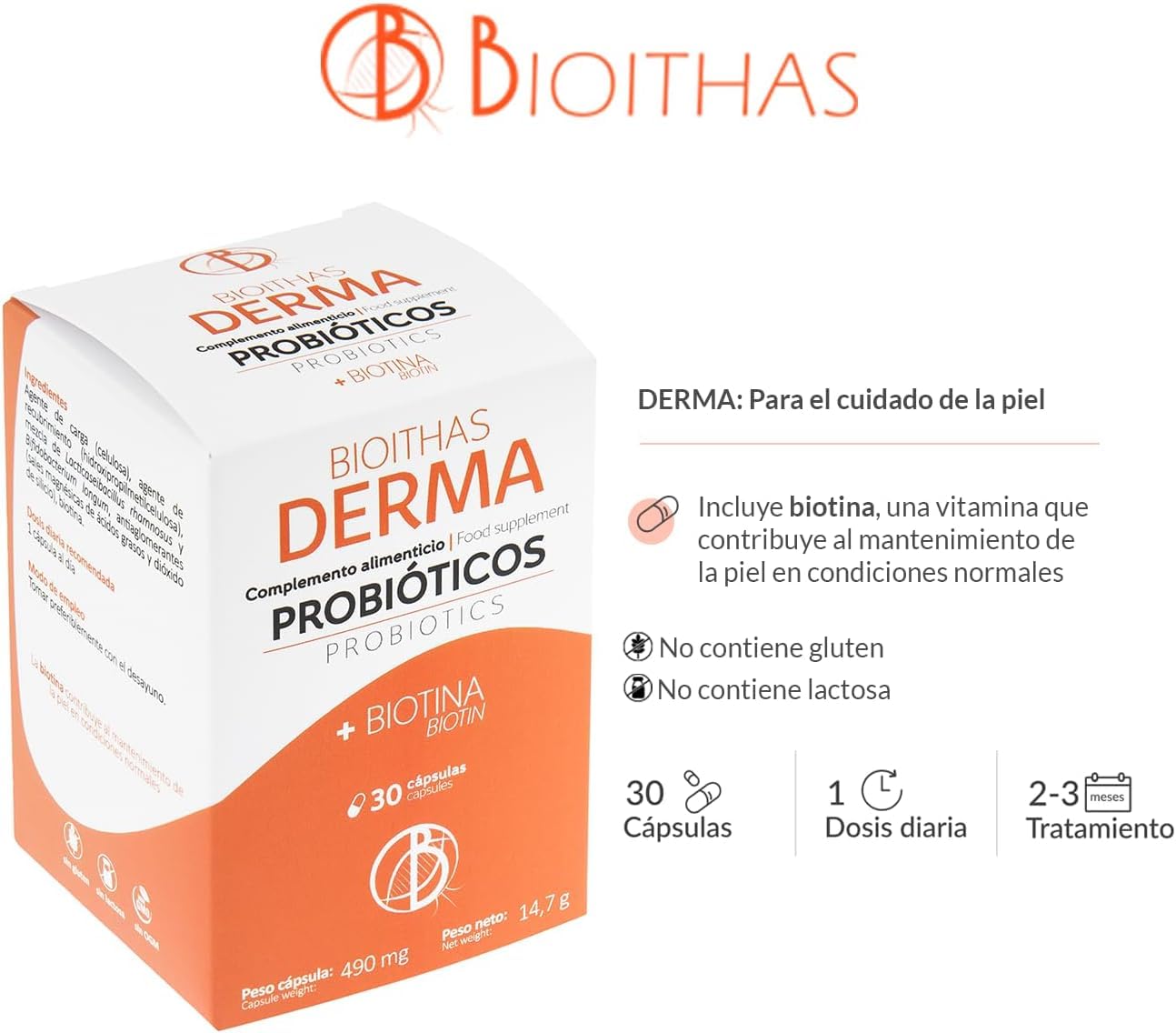 DERMA - Probiotico para el Cuidado de la Piel - [ Dermatitis | Psoriasis | Rosácea] Probióticos y Biotina para el Cuidado de la PIEL - Pack de 3 Envases de 30 Cápsulas