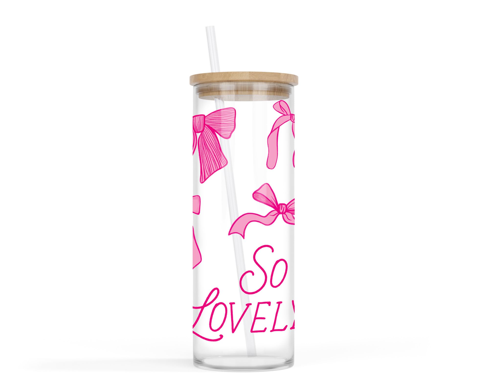 Clairmont & Co Cold Brew Travel Tumbler, Cup With Lid and Straw, 24 Ounce Wood and Glass, So Lovely Pink Bows