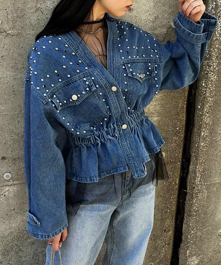 Mandonce Jean jacket Women Beaded V Neck Button Down Motorcycle Denim Jacket Cinched Waist Streetwear Fall Clothes Trendy2