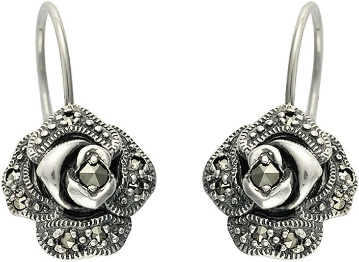 Sterling Silver Pave Set Marcasite Victorian Rose Fish Hook Earrings